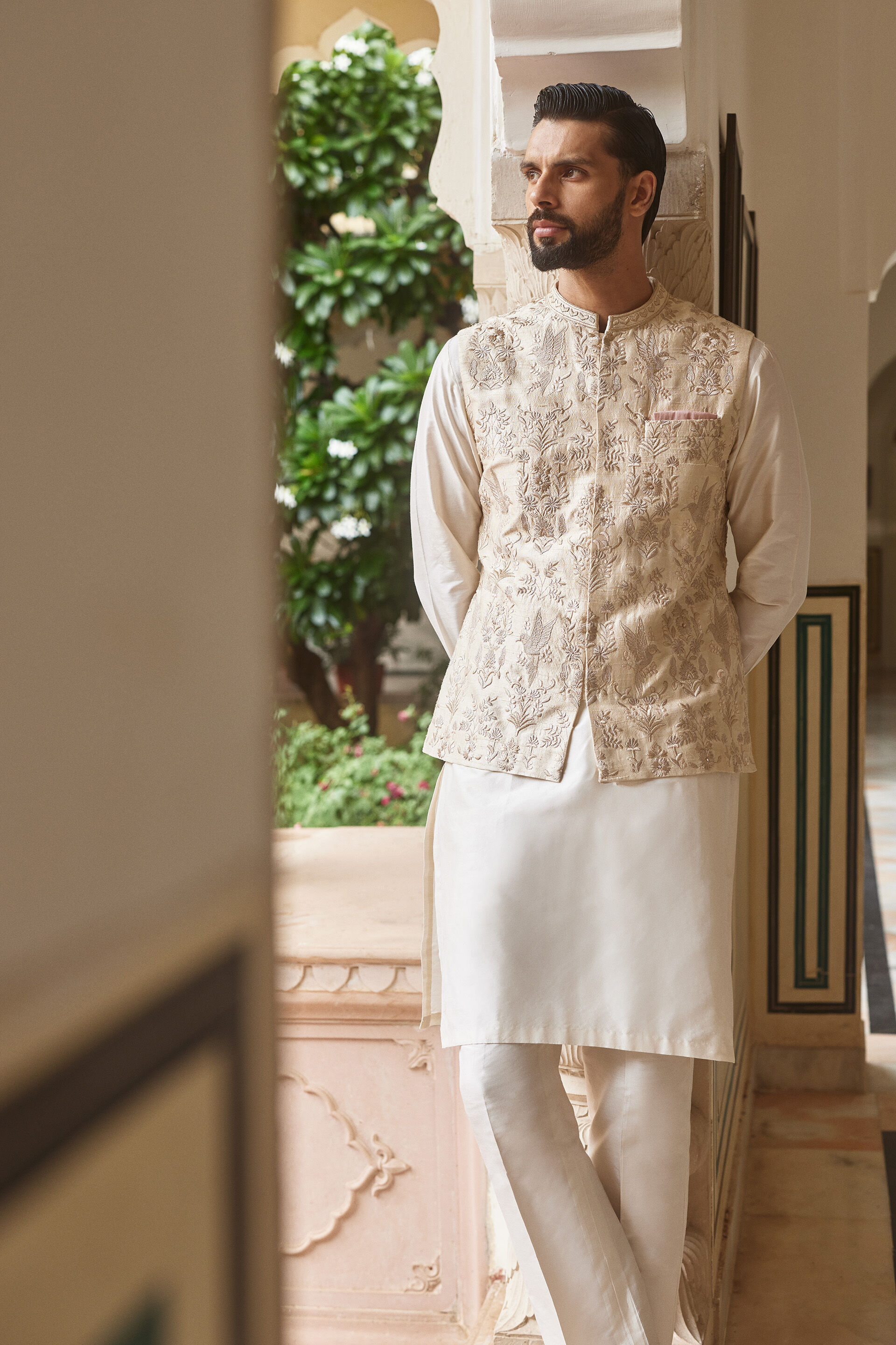Samar Embroidered Silk Nehru Jacket - Cream, Cream, image 3